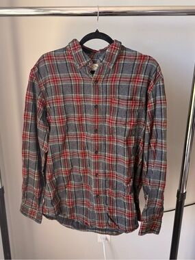 L.L. Bean Gray and Red Plaid Flannel Button-Down Shirt